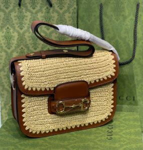 Bolsa GG Horsebit 1955 Ráfia - Bege/Marrom