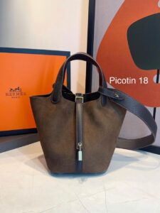 Bolsa Hermes Picotin Lock 18 Camurça-Marrom/Café